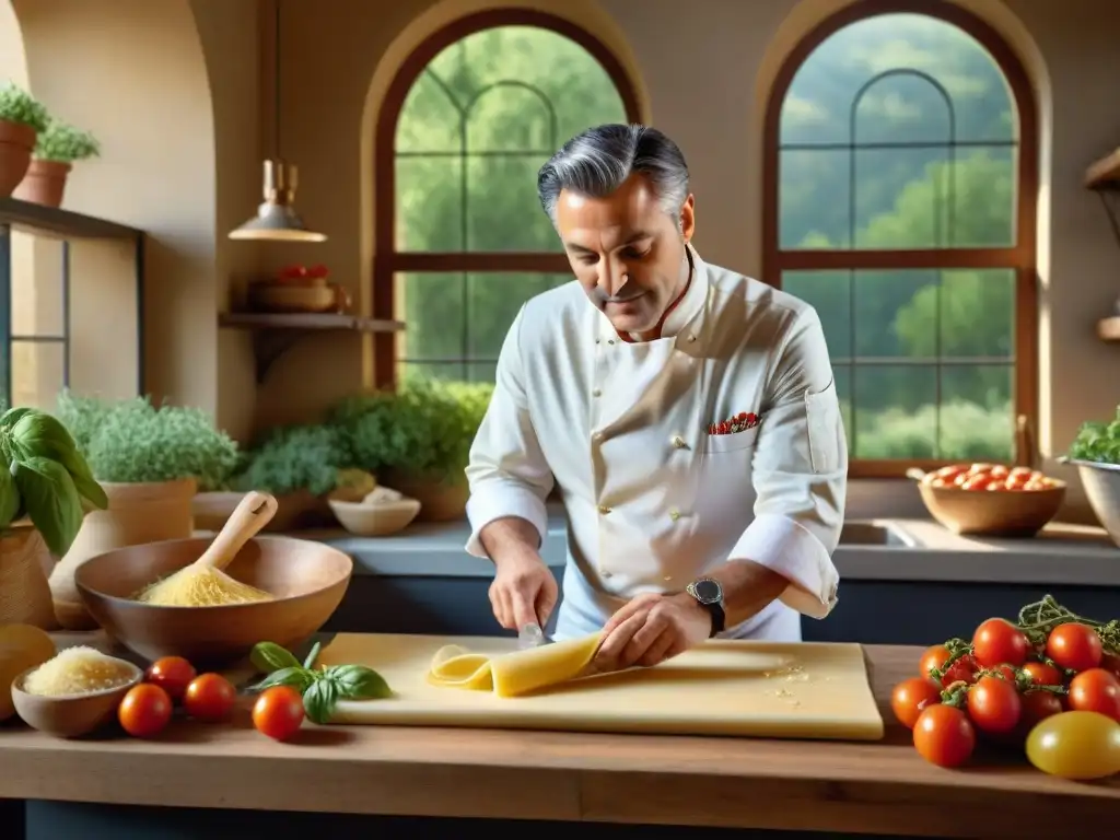 Un renombrado chef italiano en una cocina toscana tradicional, rodeado de ingredientes frescos