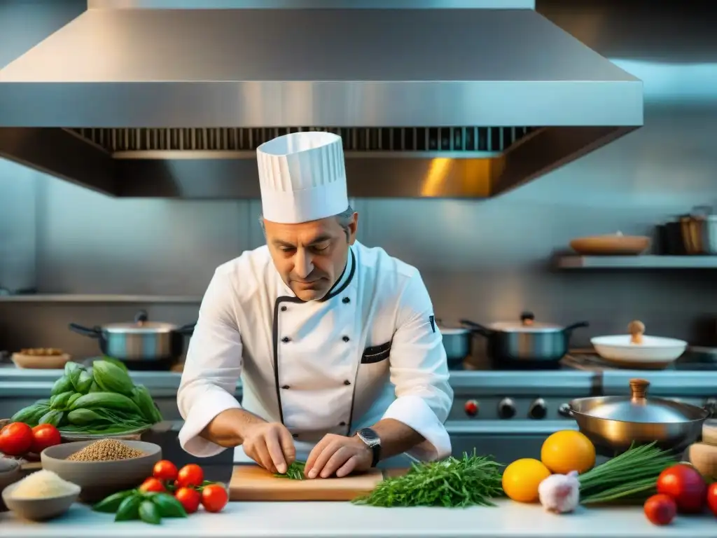 El renombrado chef italiano Moreno Cedroni lidera su equipo en una cocina bulliciosa, creando una obra maestra culinaria