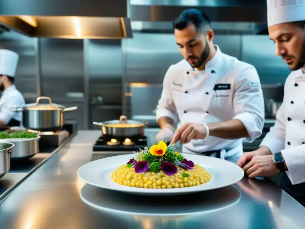 El renombrado chef Davide Oldani creando un vibrante risotto en su bulliciosa cocina, rodeado de un equipo concentrado