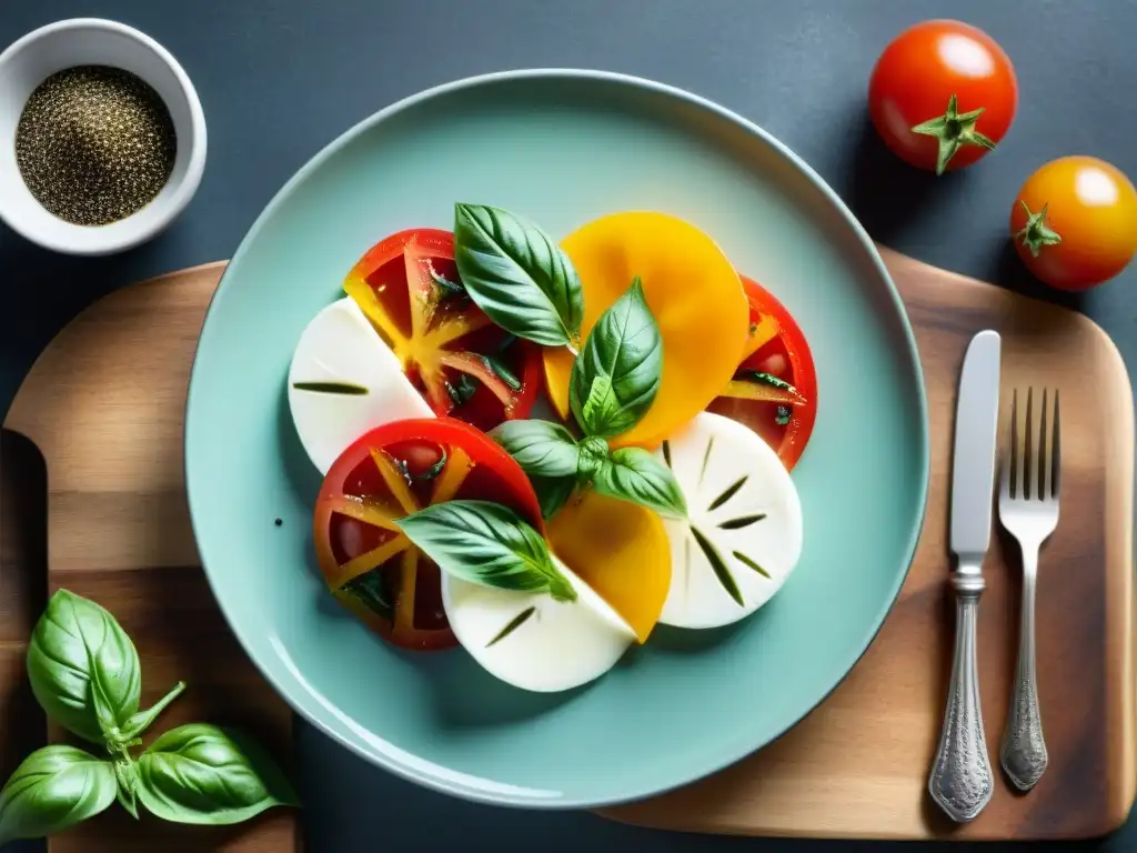 Una renovada receta caprese con menos calorías: un vibrante plato de tomates, mozzarella, albahaca y balsámico sobre madera rústica