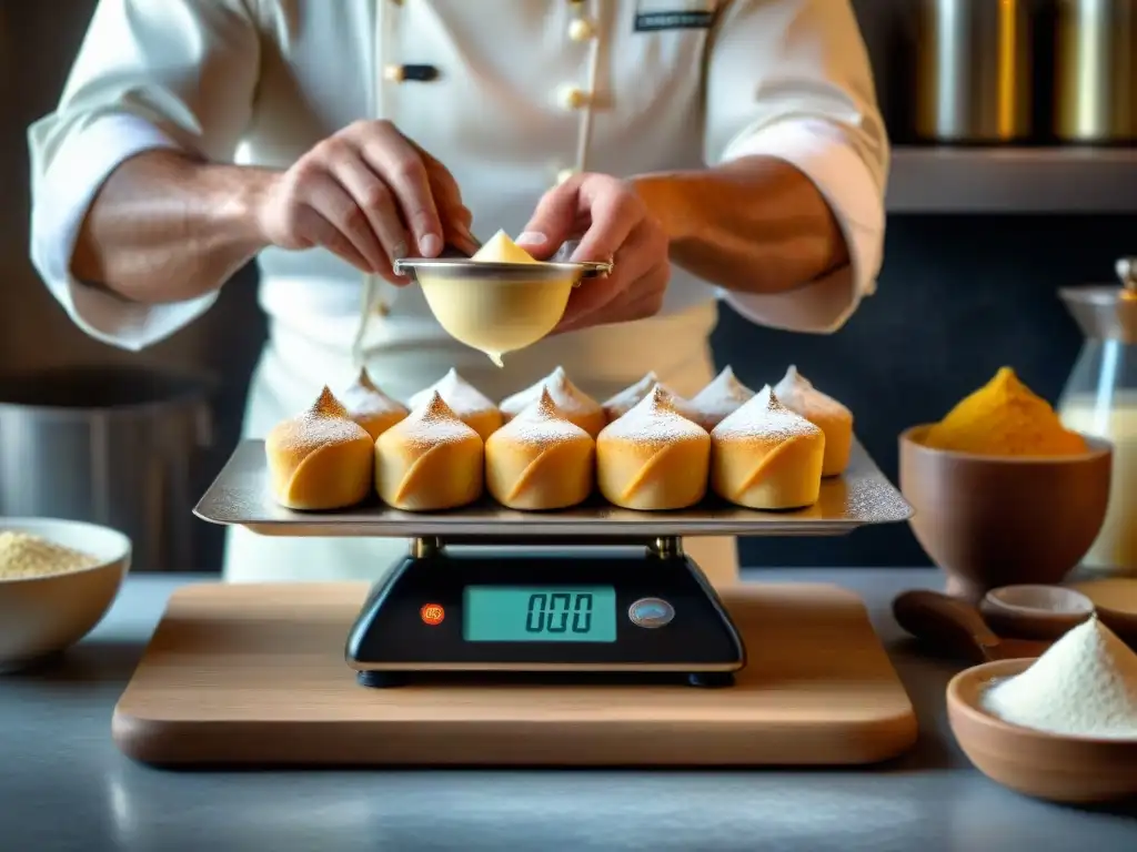 Un repostero experto preparando cannoli en una cocina italiana tradicional, rodeado de utensilios de cocina italianos para postres exquisitos