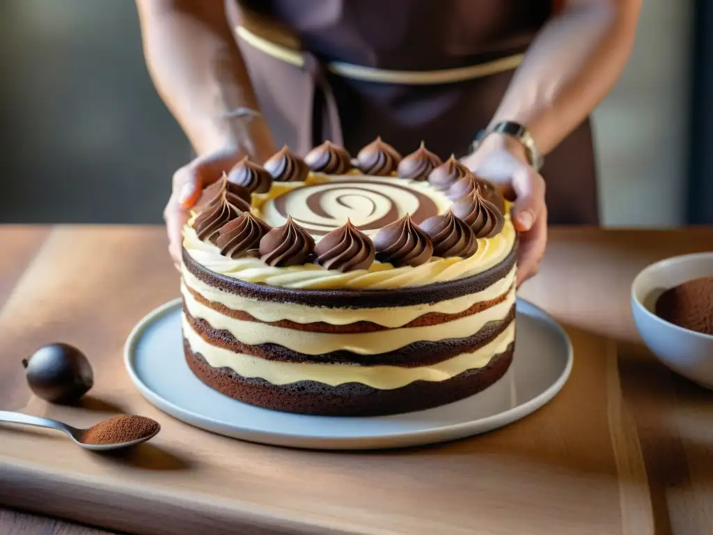 Un repostero experto decora un pastel de chocolate con crema de tiramisú sin gluten