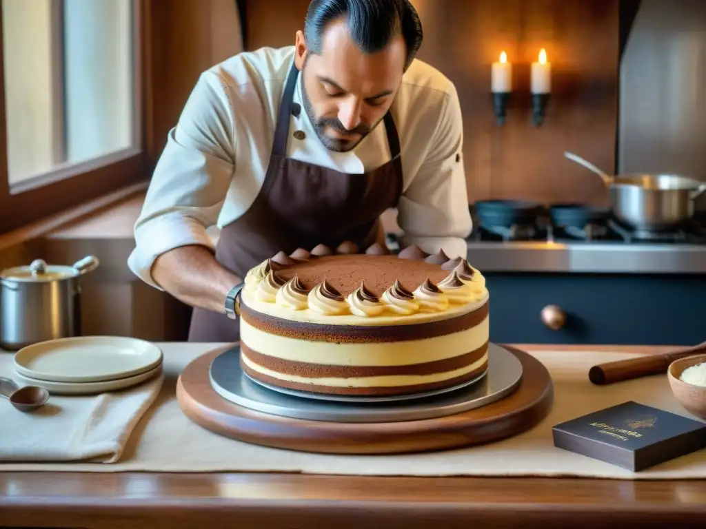 Un repostero italiano elaborando con detalle un tiramisú en una cocina rústica