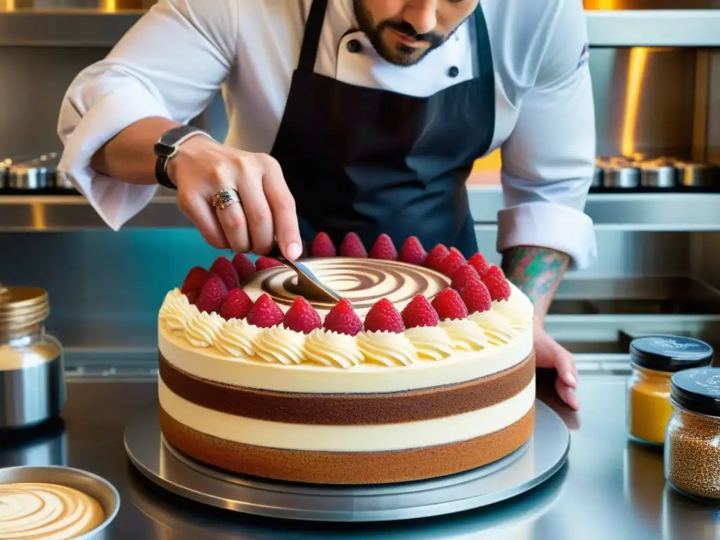 Un repostero italiano experto en técnicas innovadoras decora un tiramisú con crema de frambuesa, en una cocina contemporánea