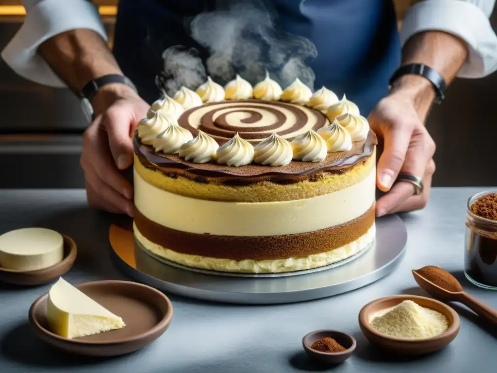 Un repostero italiano experto elaborando un tiramisú con precisión, rodeado de ingredientes tradicionales