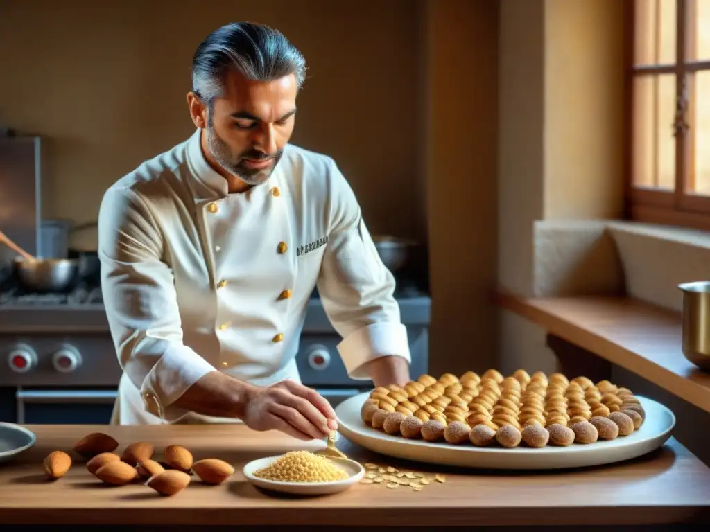 Un repostero italiano elaborando un postre con almendras en una cocina toscana