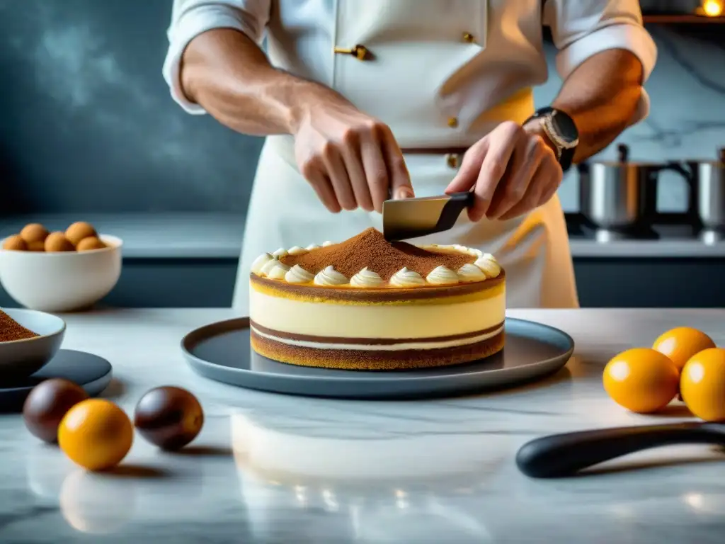 Un repostero italiano del siglo XXI decorando un tiramisú vanguardista en una cocina minimalista