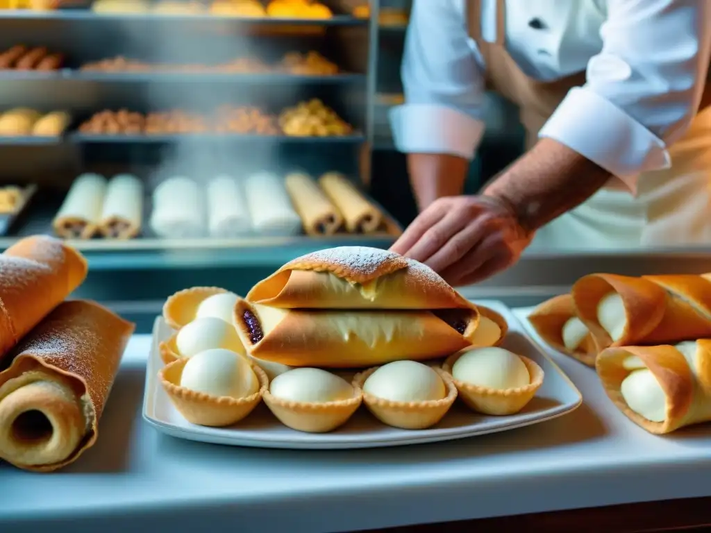Maestro pastelero italiano elaborando cannoli en panadería siciliana Un repostero italiano tradicional experto en repostería italiana tradicional deliciosos, en una pastelería siciliana bulliciosa