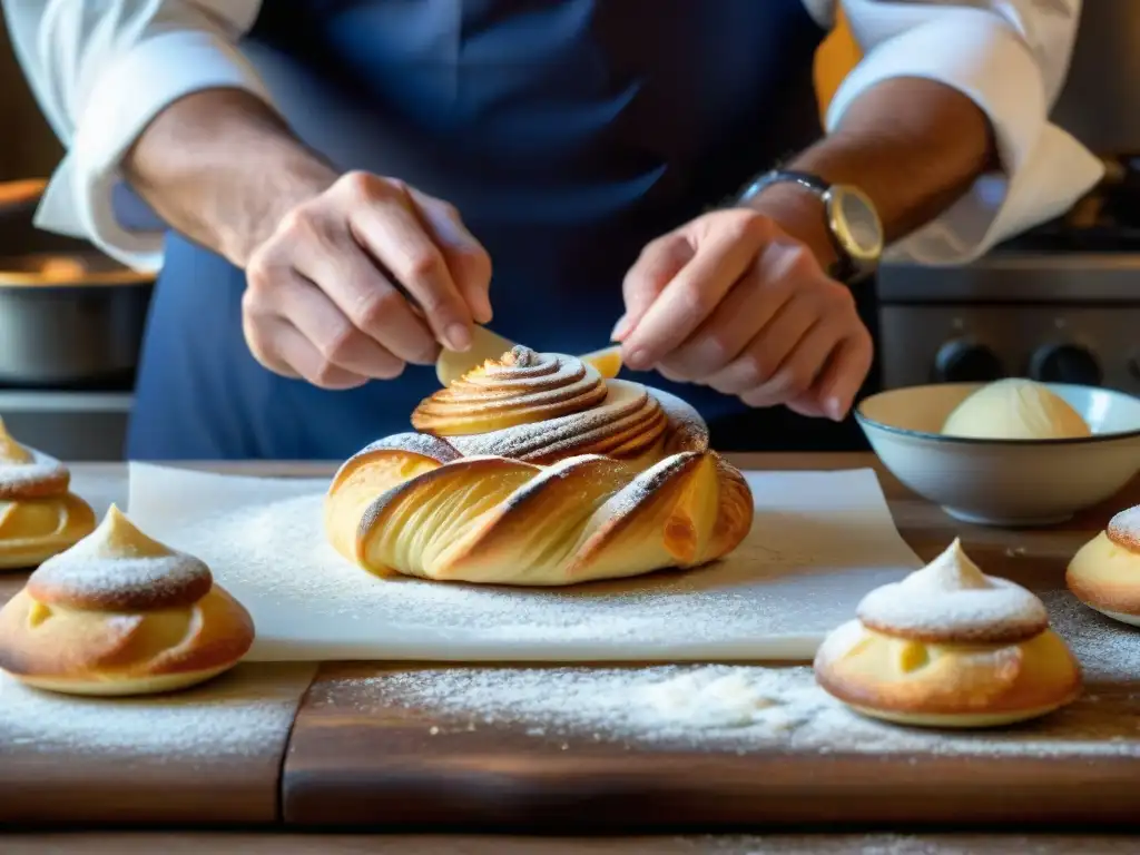 Un repostero napolitano experto en sfogliatella, creando con precisión la receta tradicional