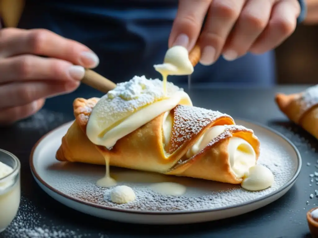 Un repostero siciliano experto rellena un cannoli con ricotta cremosa, mostrando el proceso tradicional de hacer Cannoli siciliano