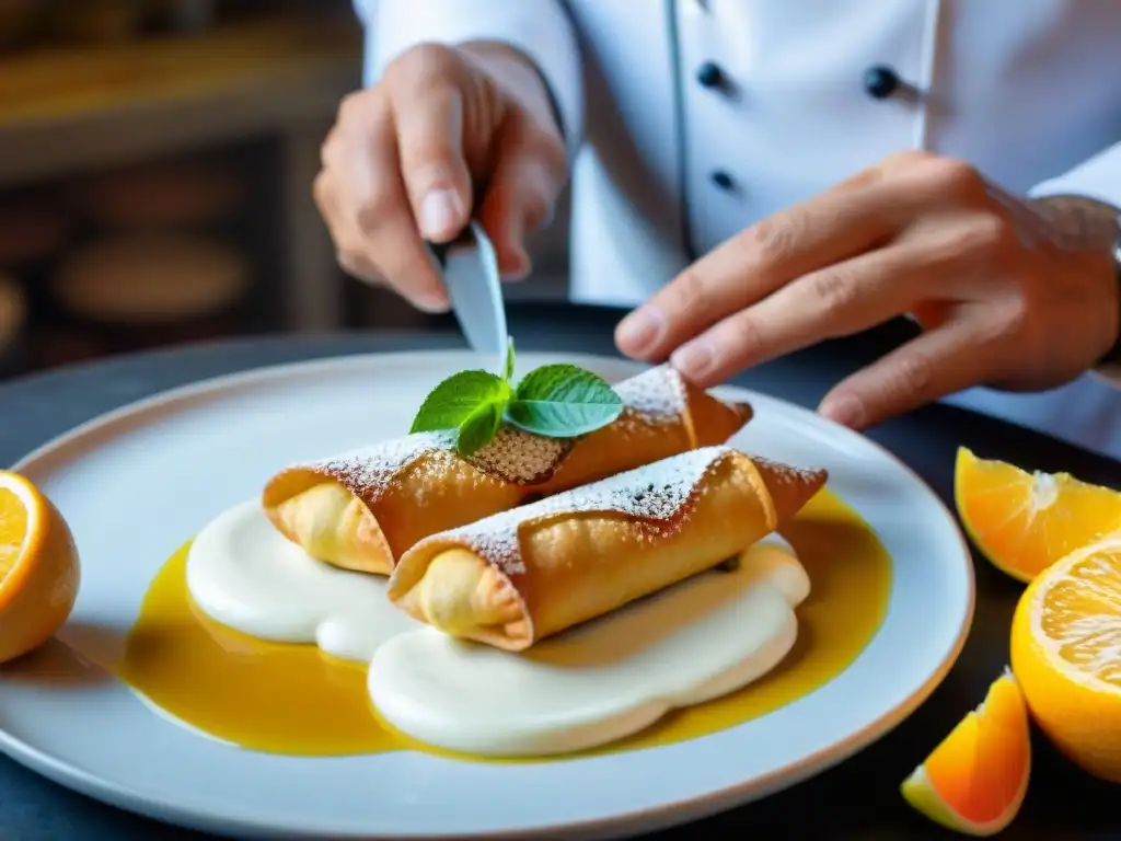 Un repostero siciliano experto rellena cannoli con crema de ricotta, rodeado de cerámica tradicional y cítricos vibrantes