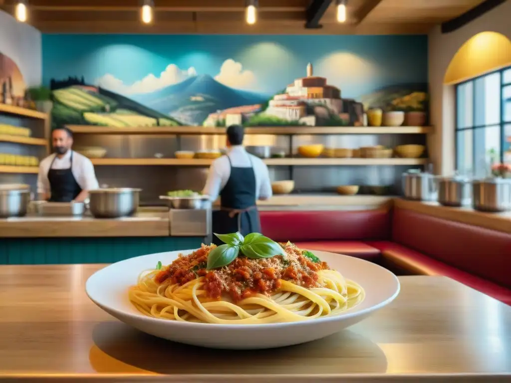 Una representación detallada de un animado restaurante italiano, con comensales disfrutando de platos tradicionales en un ambiente cálido y acogedor