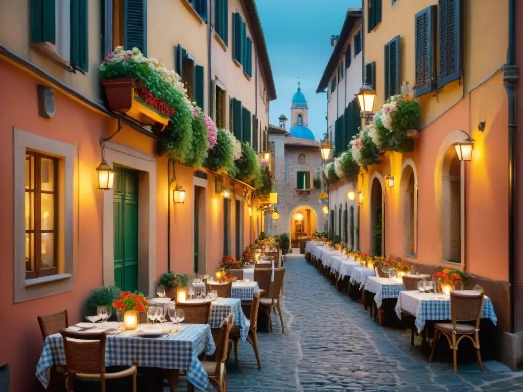 Reserva en encantador restaurante italiano, mesas de madera bajo faroles, flores y cielo estrellado