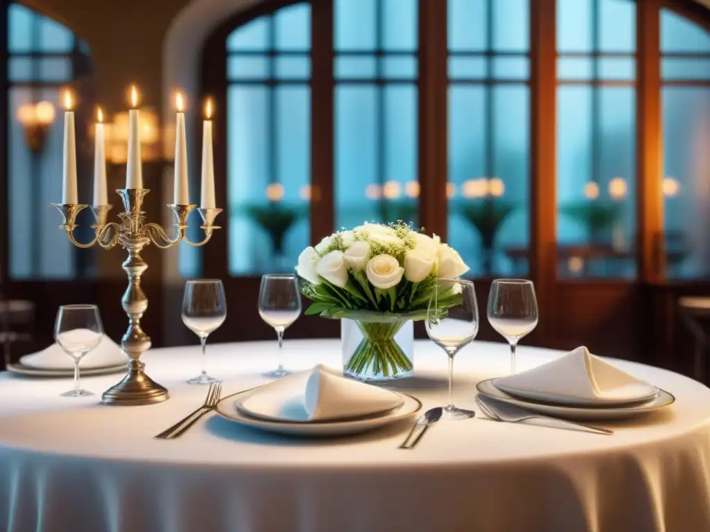 Reserva en restaurantes italianos cotizados: mesa elegante con mantel blanco, cristalería brillante y florero de flores frescas