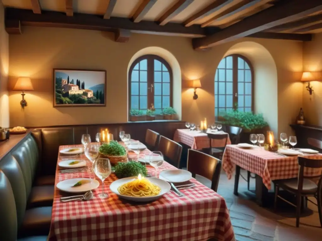 Un restaurante familiar italiano en un encantador pueblo toscano, con mesa de madera, velas, platos de pasta y chef sonriente