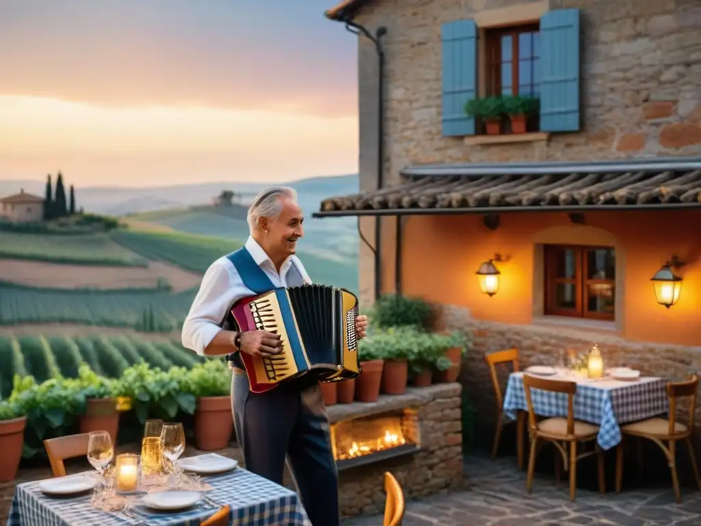 Un restaurante italiano acogedor en Toscana al atardecer, con música de acordeón y viñedos al fondo