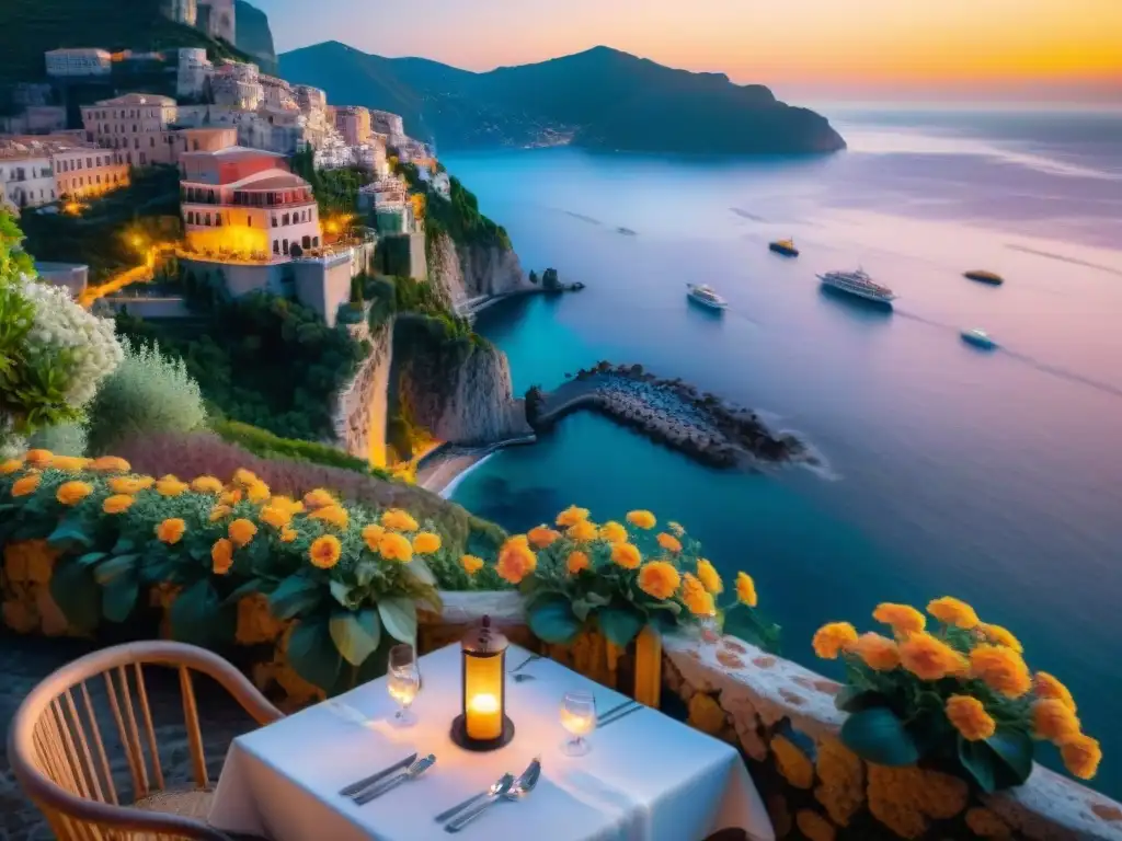 Un restaurante italiano con vistas al mar Mediterráneo al atardecer, donde los comensales disfrutan de una romántica cena a la luz de las velas