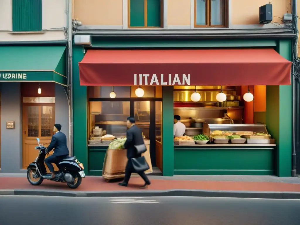 Un restaurante italiano-asiático destaca en una bulliciosa calle de ciudad asiática