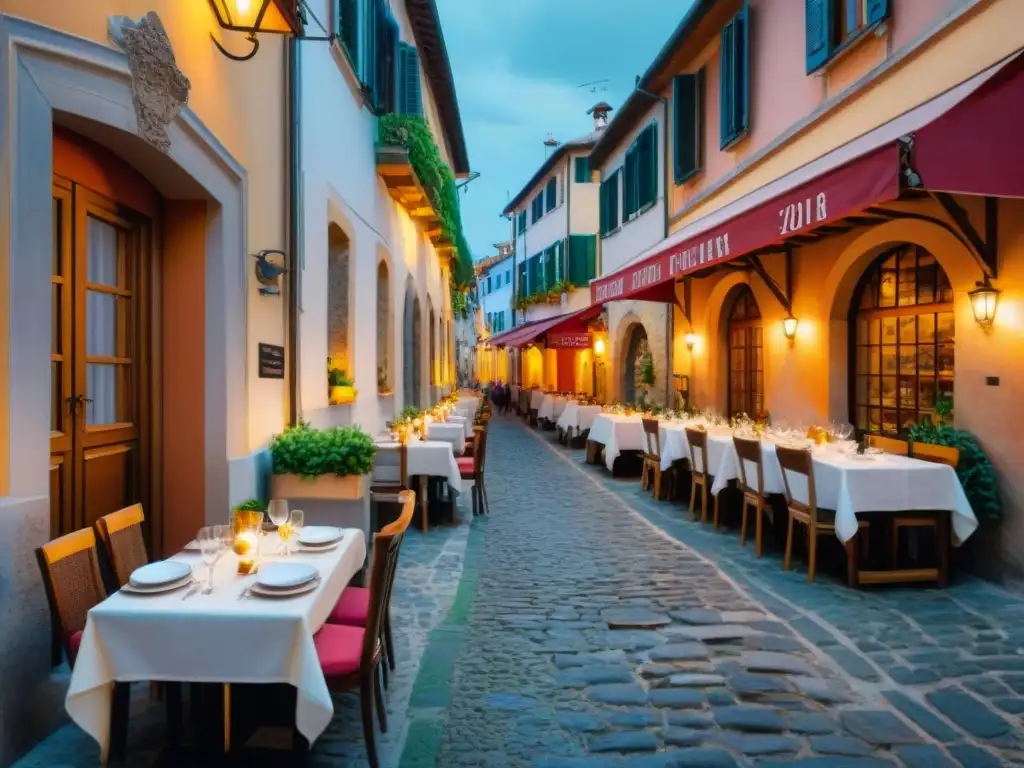 Restaurantes innovadores en Italia: callejón de adoquines con trattorias tradicionales en una atmósfera vibrante al atardecer