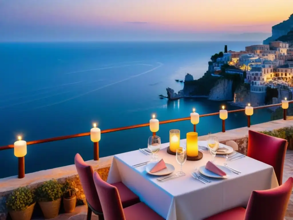 Restaurantes italianos vistas cenar: Cena romántica en un restaurante italiano en acantilado con vista al Mediterráneo al atardecer