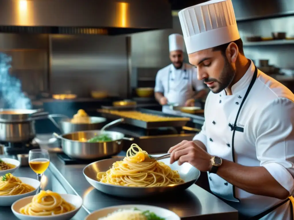 Restaurantes italianos de lujo: Escena elegante de un restaurante con personal atento y comensales disfrutando platos exquisitos