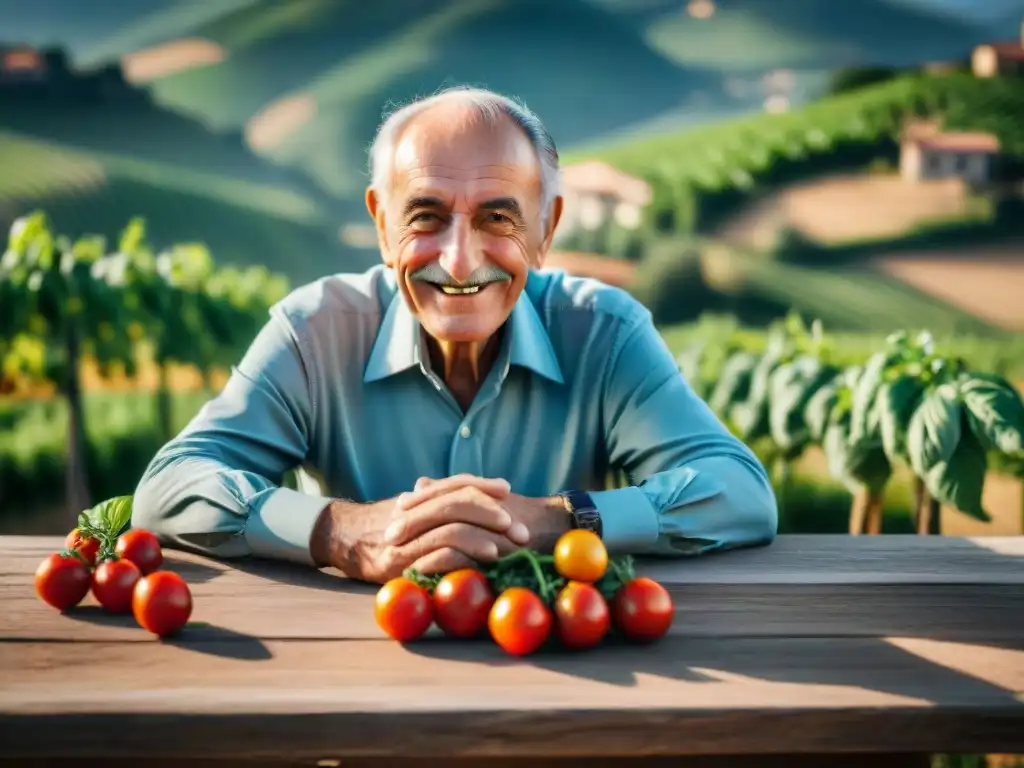 Retrato de un anciano italiano con manos curtidas y una cálida sonrisa, junto a una mesa rústica llena de tomates frescos y hojas de albahaca