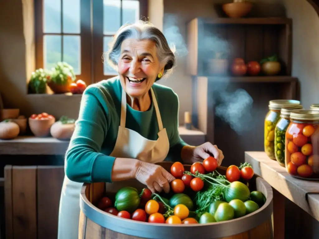 Retrato detallado de una anciana italiana removiendo tomates en un barril en una cocina tradicional llena de alimentos fermentados