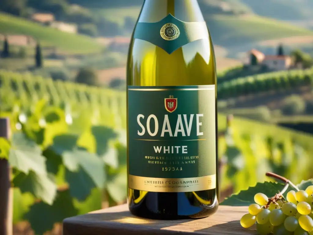 Un retrato detallado de una botella de vino blanco Soave, fresca y brillante, en un viñedo italiano soleado