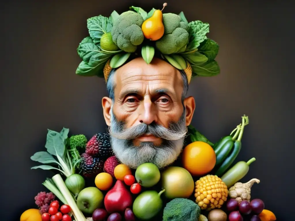 Retrato detallado de un hombre hecho con frutas y verduras, fusionando arte y comida de forma creativa