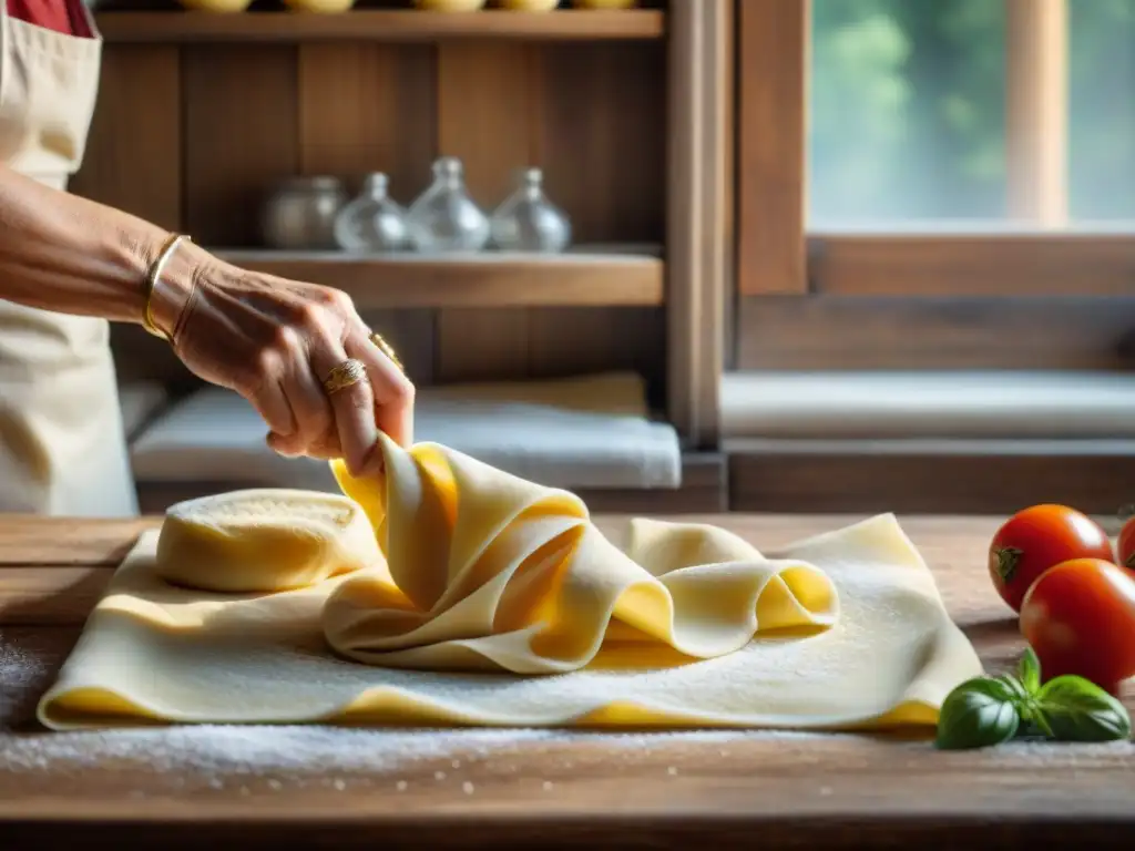 Un retrato detallado de una nonna italiana amasando pasta fresca en una mesa de madera, evocando la cocina casera italiana recetas tradicionales