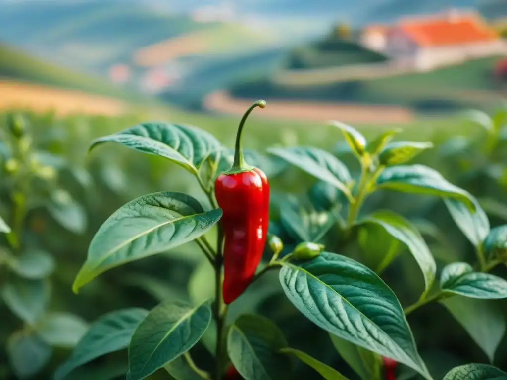 Un retrato detallado de un vibrante peperoncino rojo en un campo italiano, revelando los secretos del Peperoncino en Italia