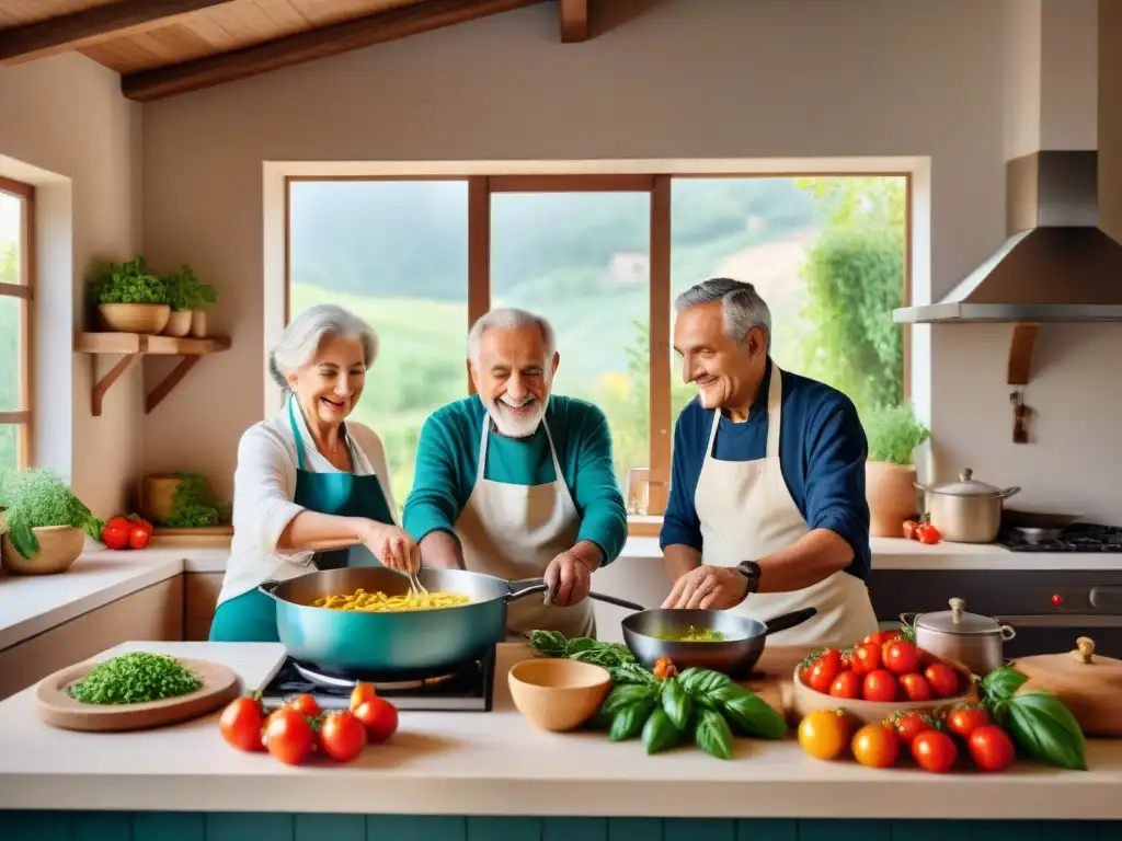 Un retrato vivo de la longevidad con cocina italiana: ancianos italianos cocinando juntos con ingredientes frescos en una cocina tradicional