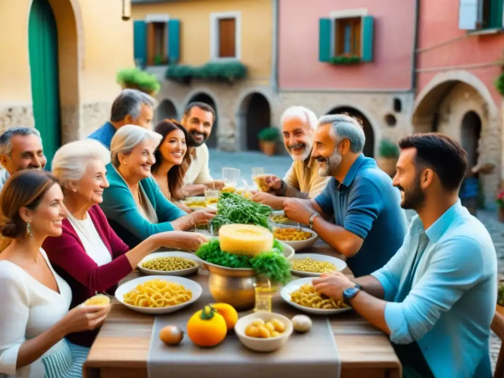 Reunión comunitaria en Italia: Alimentación comunitaria en Italia con una mesa llena de platos tradicionales y gente feliz