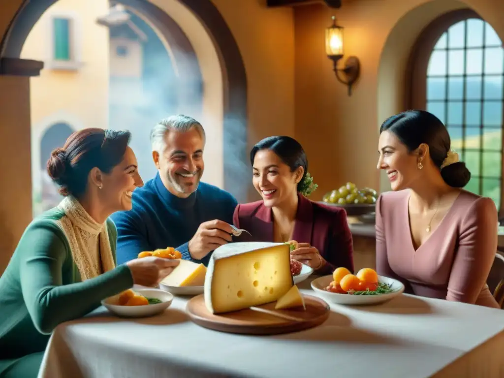 Reunión familiar italiana con productos DOP e IGP, inspirando calidez y tradición