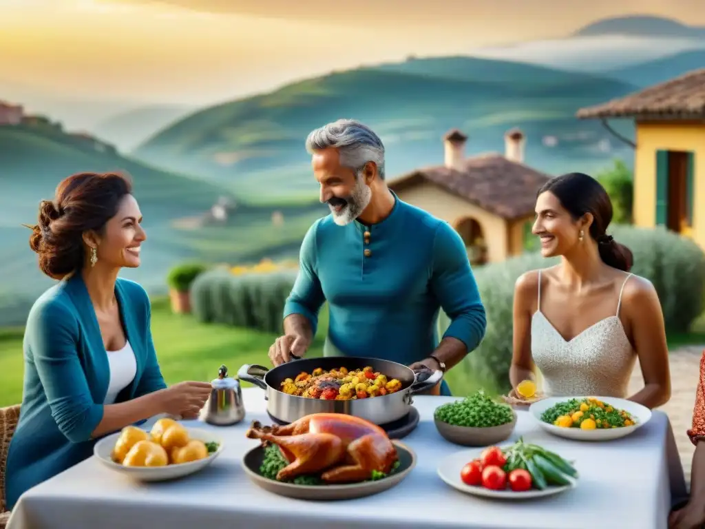 Reunión familiar cocinando platos italianos con cocina solar sostenible