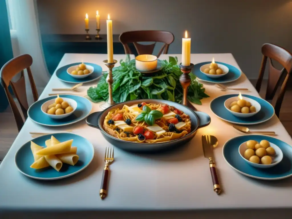 Una reunión familiar en torno a una mesa italiana con platos tradicionales y modernos, fusionando religión en cocina italiana tradiciones