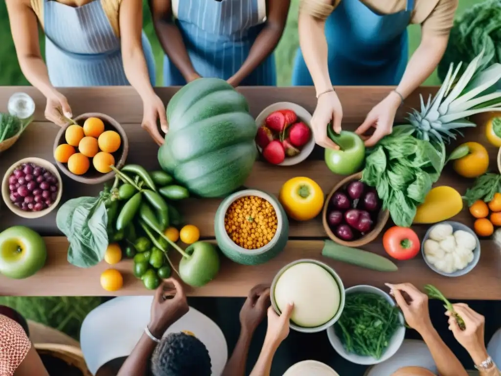 Una reunión alrededor de una mesa llena de alimentos frescos y coloridos en un ambiente cálido y comunitario