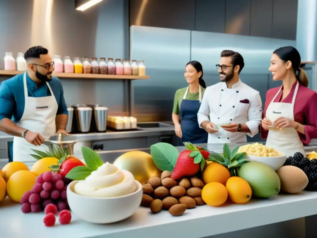 Una reunión vibrante de chefs y científicos alimentarios en un laboratorio de gelato moderno, discutiendo sobre ingredientes vegetales