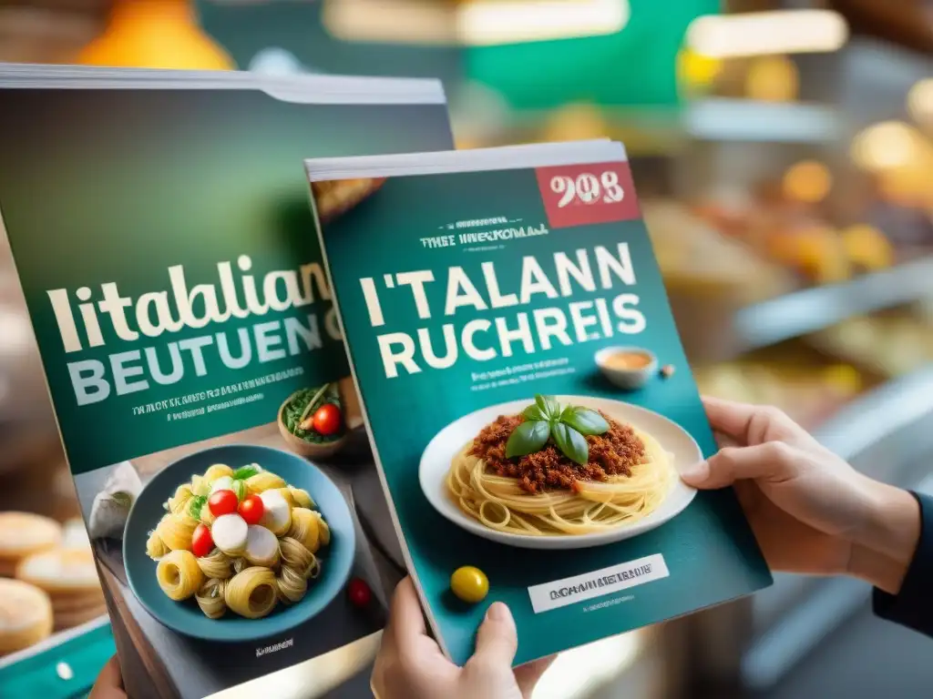 Revistas de cocina italiana en comunidad: Palpitante escena de cocina italiana con cocineros entusiastas hojeando revistas llenas de color y recetas