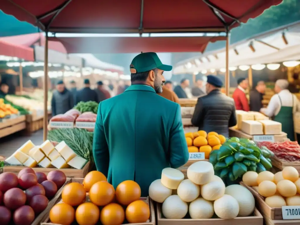 Revistas italianas de diseño gastronómico cobran vida en un bullicioso mercado de alimentos frescos y tradicionales productos italianos