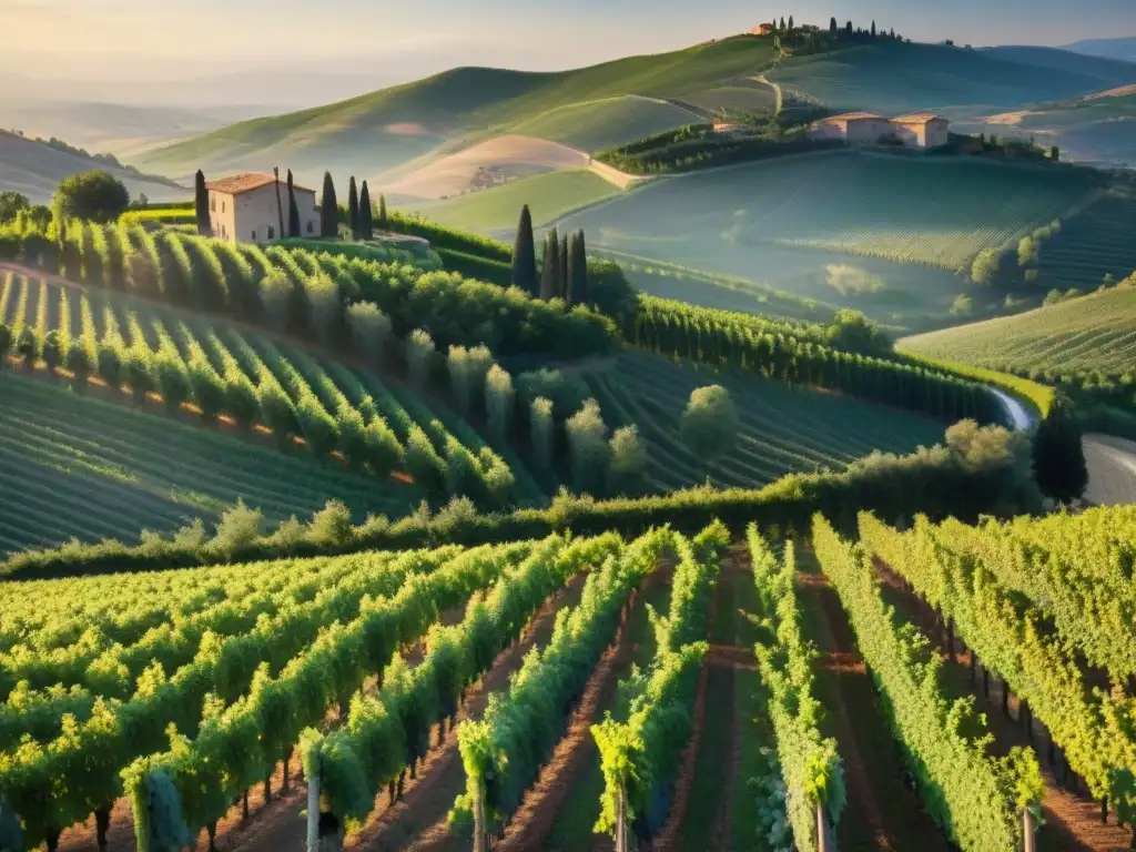 Revistas vino italiano impacto cultural: Atardecer dorado sobre viñedos de la Toscana, agricultores trabajando