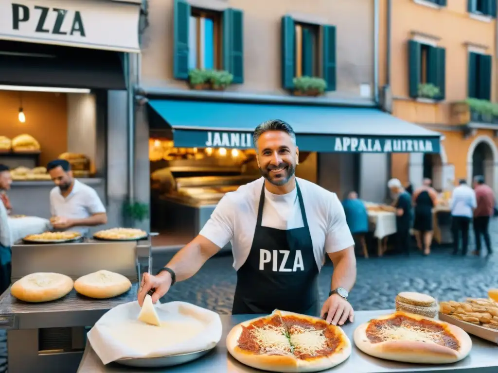 Revolution pizza callejera Roma: Un bullicioso mercado en Roma con vendedores preparando trapizzinos y comida callejera italiana