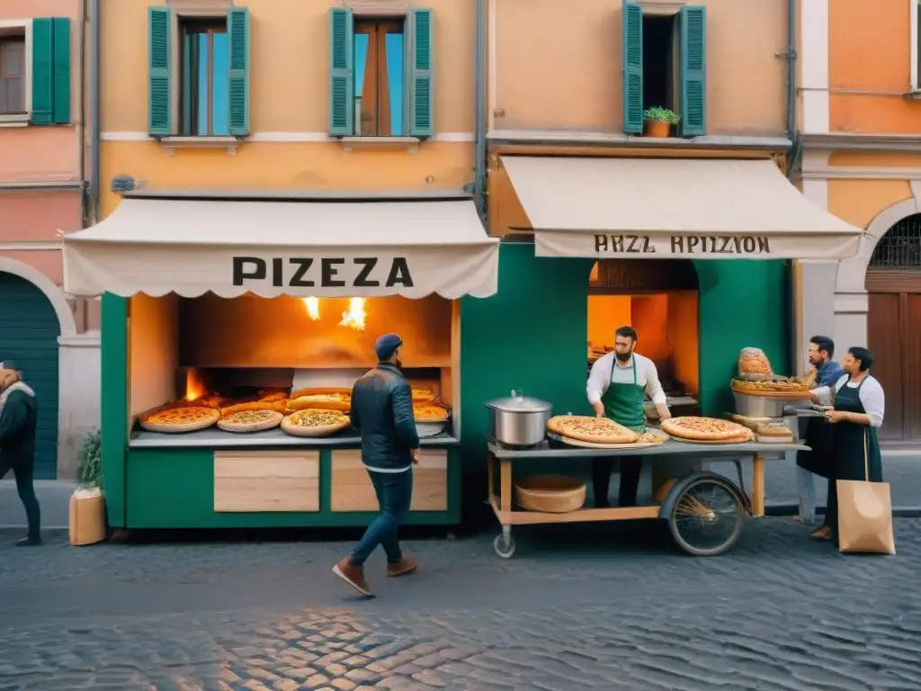 Revolution pizza callejera Roma: Escena animada en una pizzería tradicional romana con horno de leña y chef lanzando masa