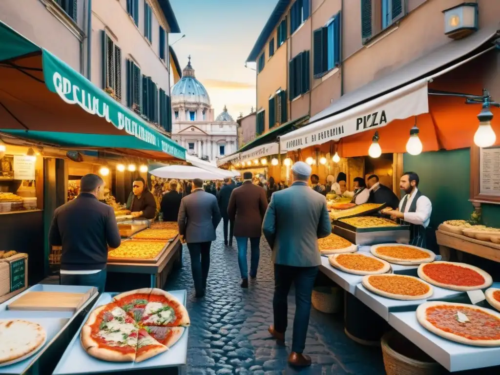 Revolution de pizza callejera en Roma: vendedores sirviendo pizza al taglio en coloridos puestos de comida, ambiente vibrante al atardecer