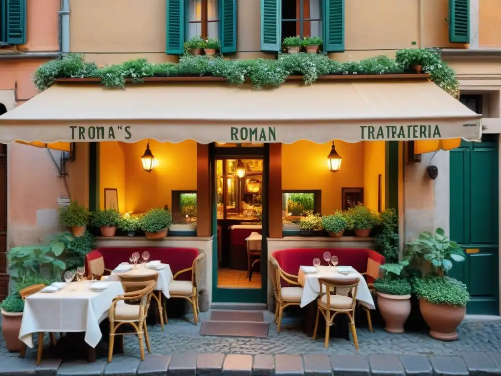 Un rincón acogedor de una trattoria romana tradicional en RomaVIP, iluminado por luces colgantes y rodeado de flores vibrantes en una calle empedrada