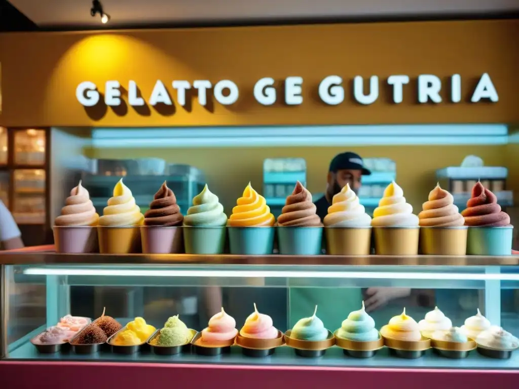 Un rincón animado de una heladería en Italia, con diferentes sabores de gelato expuestos en elegantes recipientes