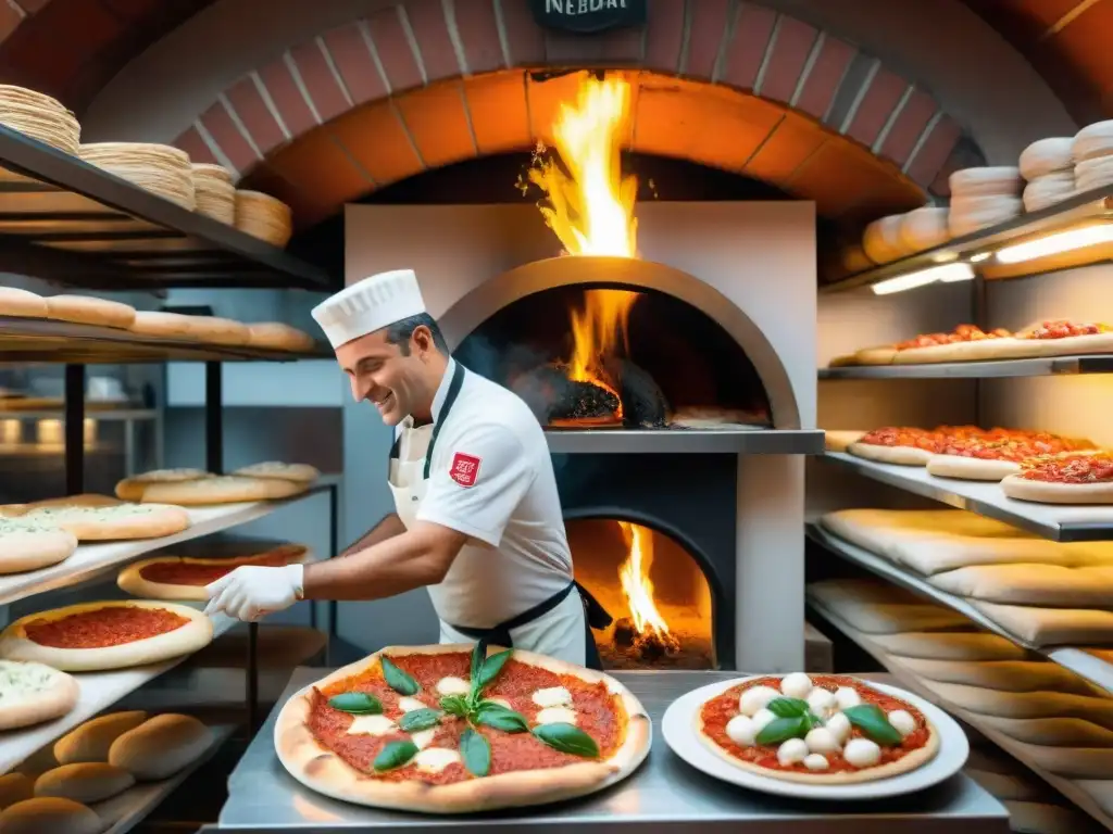 Un rincón auténtico en Nápoles: pizzería bulliciosa con horno de leña, pizzaiolo experto y clientes ansiosos