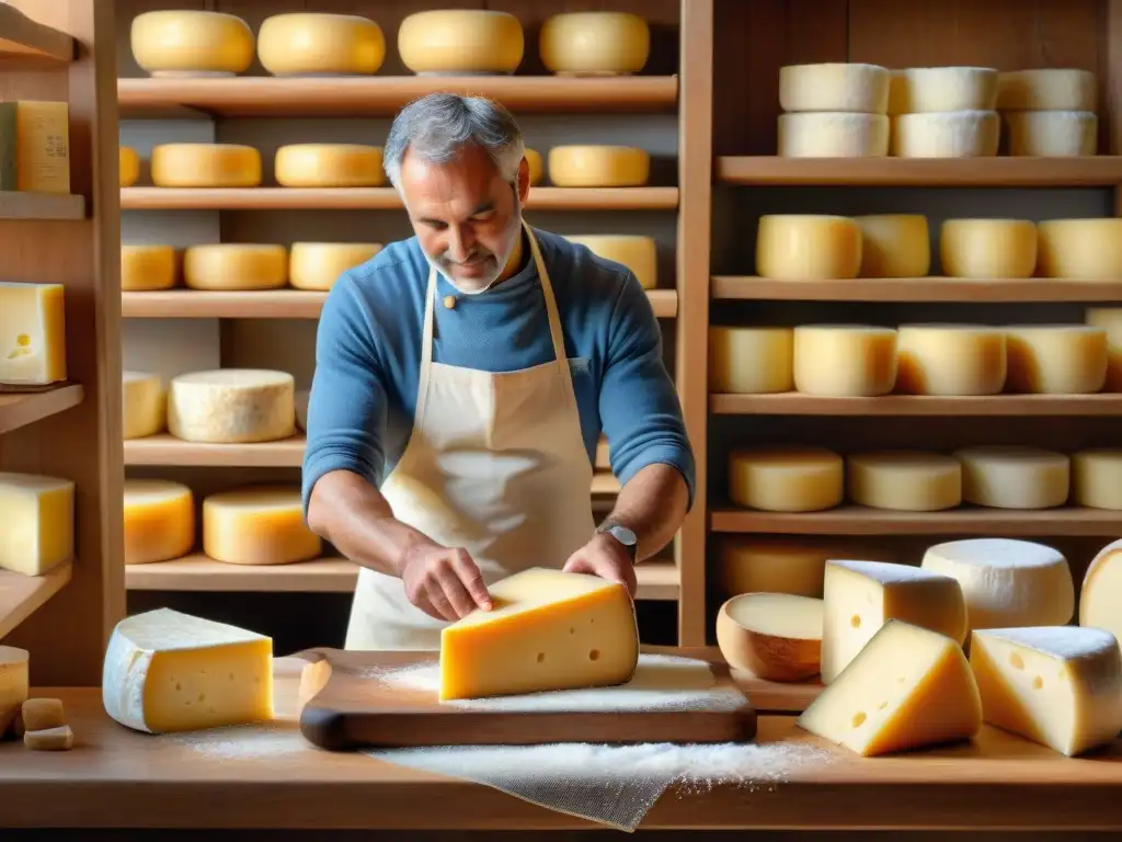 Un rincón auténtico en una tienda de quesos italiana en la Toscana, con montones de quesos y un rallador de queso italiano personalizado