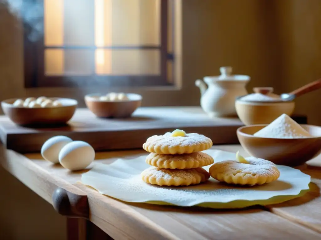 Un rincón siciliano: mesa de madera con ingredientes de repostería, luz natural, utensilios y un panadero elaborando ricciarelli