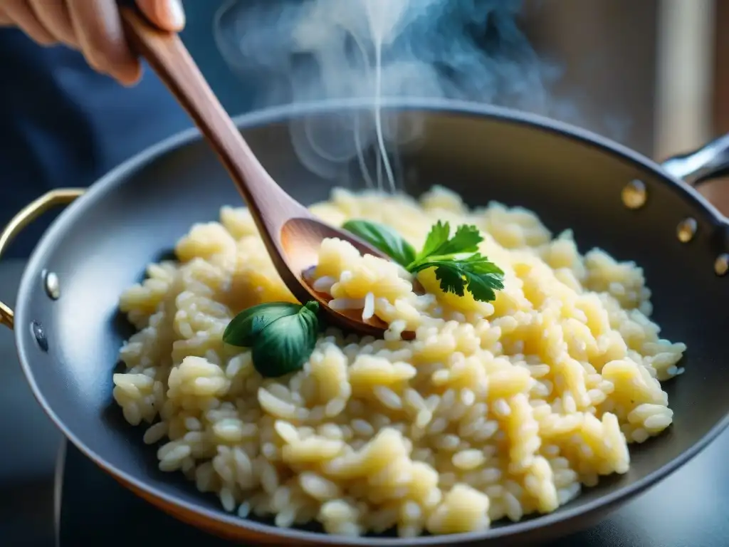 Un risotto cremoso en plena preparación, con vapor ascendente y detalles de azafrán y queso Parmesano